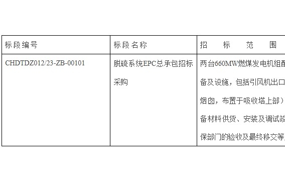 喀什华电2×66万千瓦热电联产项目脱硫系统EPC总承包招标